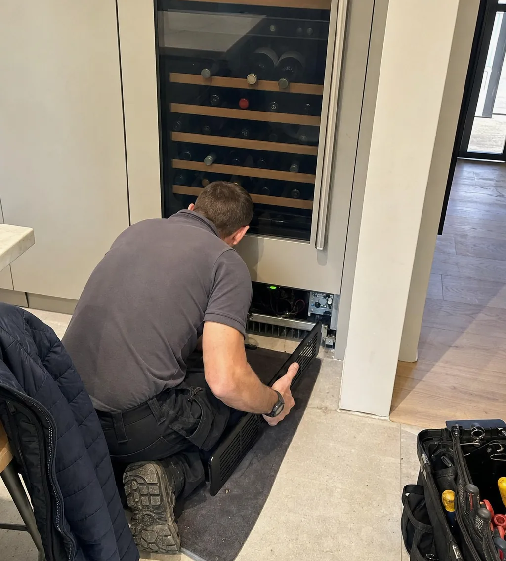A technician kneeling at the foot of a tall glass-door wine column with the lower grille lifted off and a tool bag open on the floor behind him.