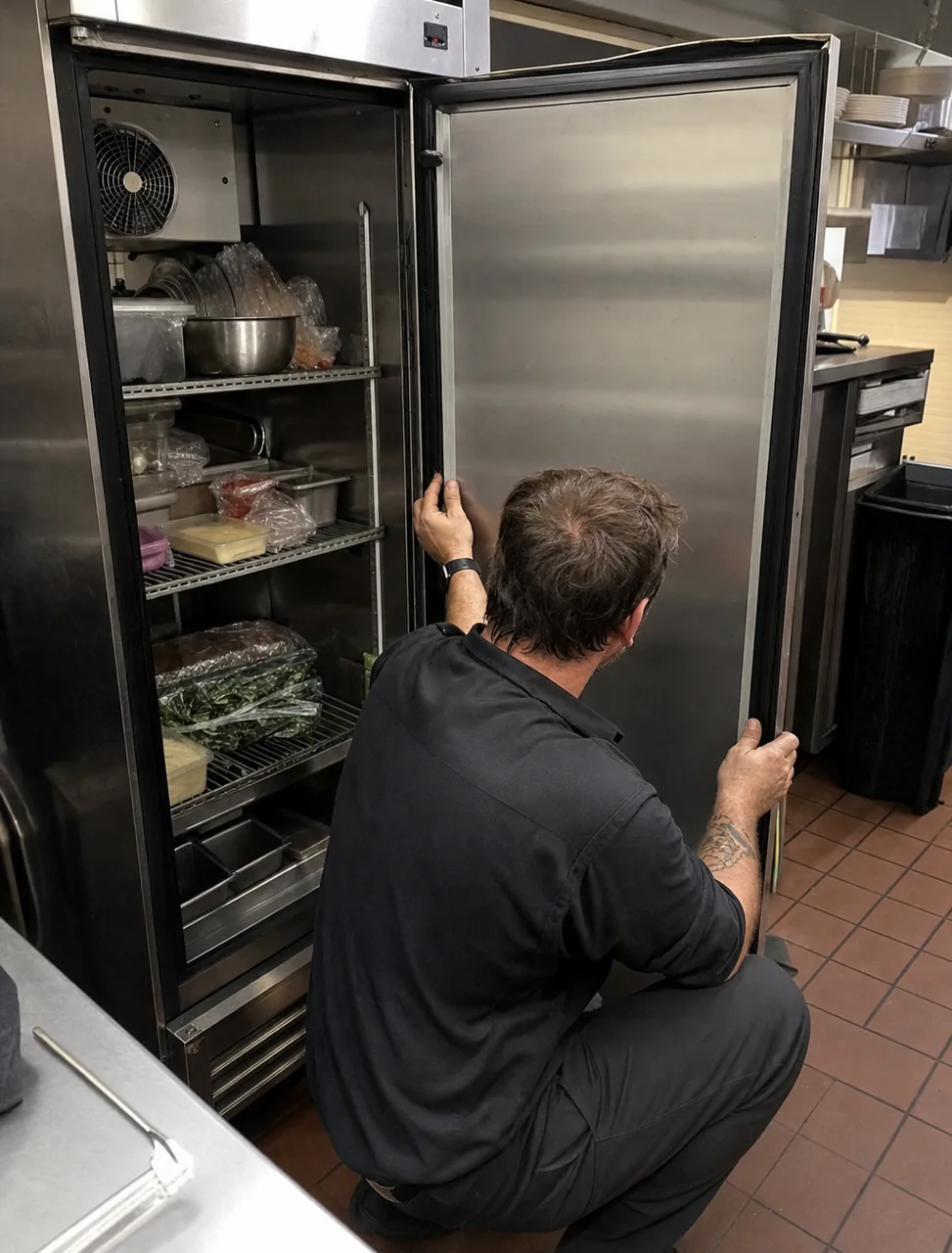 A technician crouched at an open stainless refrigerator, running a hand down the black door gasket.