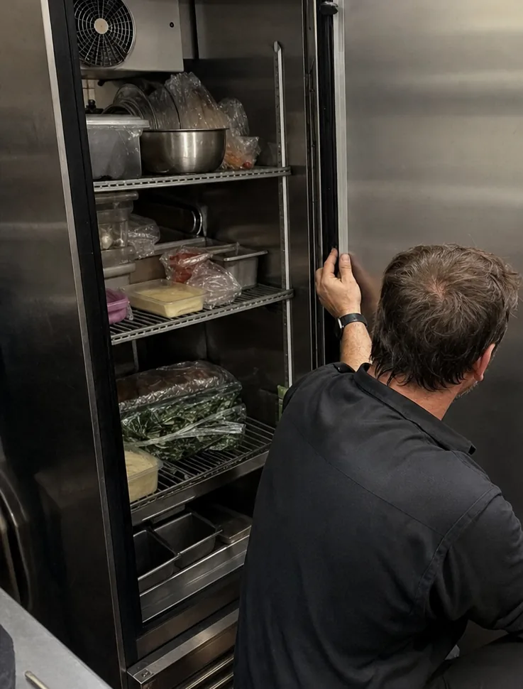 The open door of a stainless upright refrigerator, its black gasket running the length of the frame.