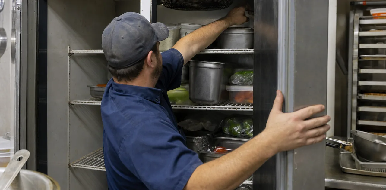 A technician holding a refrigerator door open with one arm while reaching deep into the cabinet with the other.